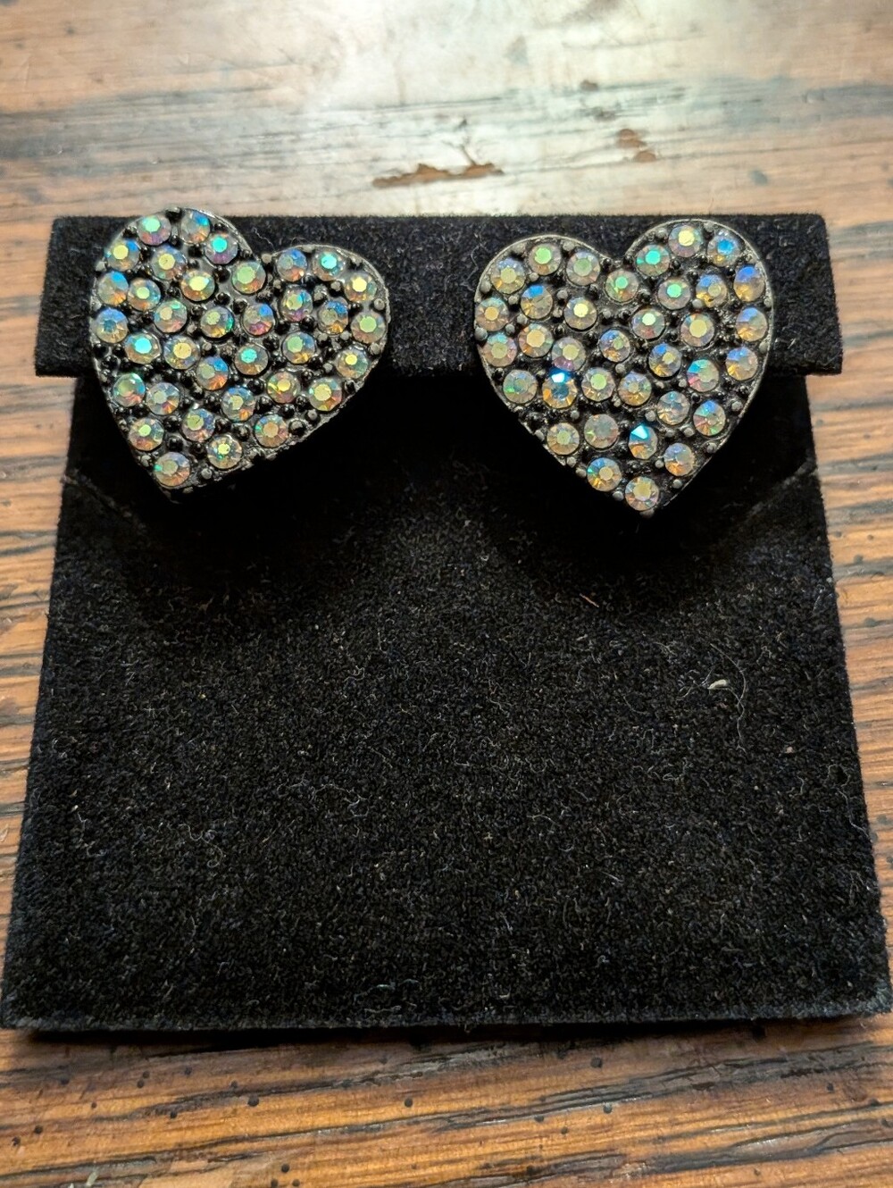 Heart Crystal Stud Earrings - Black with Aurora Rhinestones